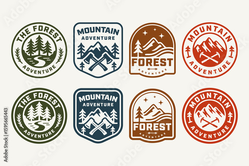 Forest and mountain adventure logo badge bundle. Retro outdoor emblem set with hiking and camping theme. Mountain forest explorer patch pack. Rustic nature and trekking sticker. Vector illustration