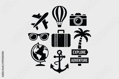 A collection of travel themed icons including a plane balloon camera and luggage arranged together nicely