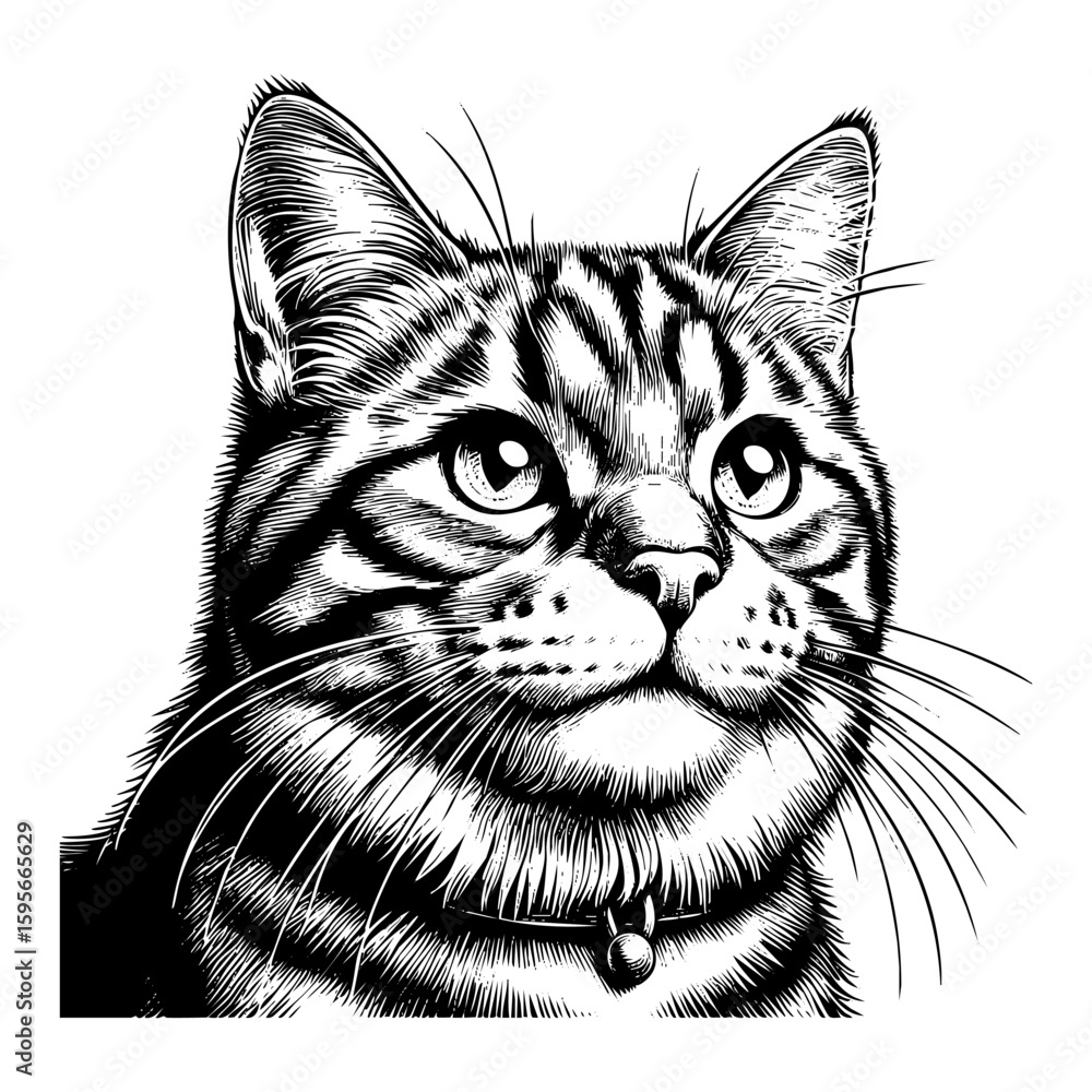 Obraz premium Cute cat sketch engraving black and white outline. Scratch board imitation. illustrated in vintage line art style on a white background.