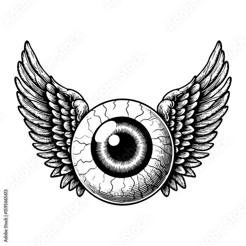 Eyeball with angel wings sketch engraving black and white outline. Scratch board imitation.
