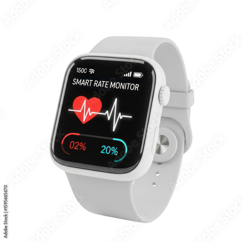 3d icon of a white smartwatch displaying a smart rate monitor interface with heart rate and activity data, worn on a wrist isolated on transparent background