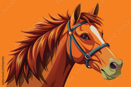 Illustration of a Brown Horse Head with Bridle on Orange Background