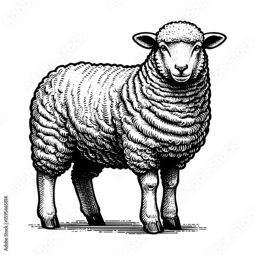 Sheep sketch engraving black and white outline. Scratch board imitation.  illustrated in vintage line art style on a white background.