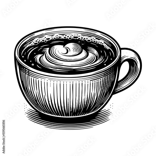 hot coffee cup engraving black and white outline. Scratch board imitation.  illustrated in vintage line art style on a white background.