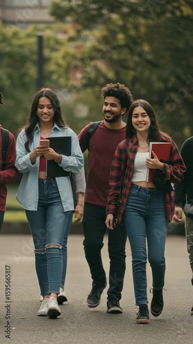 Group of students walking together on campus with books and phones during a sunny afternoon
