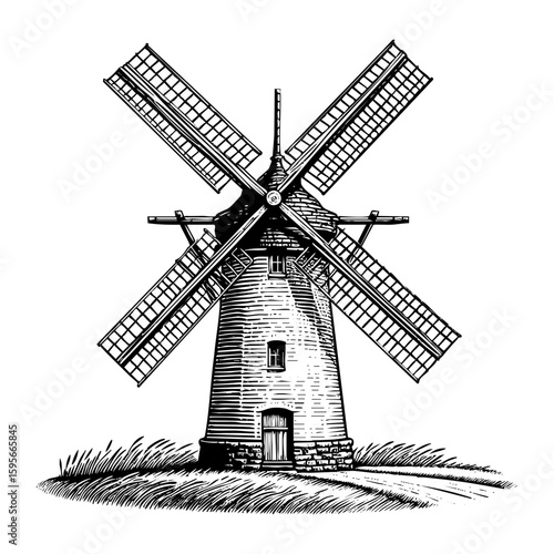 dutch windmill in farmland sketch engraving black and white outline. Scratch board imitation.