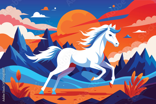 Abstract White Horse Running in a Colorful Landscape with Mountains and Sunset