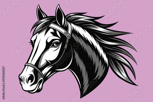Elegant Horse Head Vector Illustration with Bridle on Pink Background