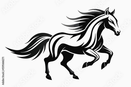 Stylized Black and White Horse Galloping with Flowing Mane and Tail