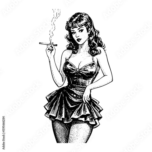 Pin-up woman smoking cigar sketch engraving black and white outline. Scratch board imitation.  illustrated in vintage line art style on a white background.