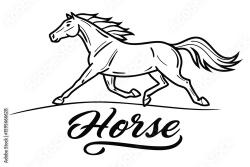 Running Horse Illustration with Bold Outline and Elegant Typography Black and White