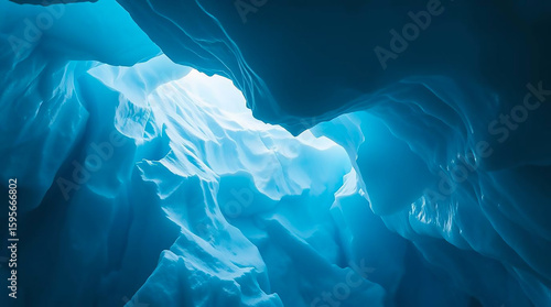 Ai generated image of inside a blue ice cave with light shining through