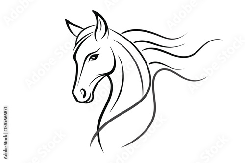 Elegant Horse Head Line Art Illustration with Flowing Mane on White