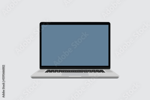 A minimalist illustration of a laptop with a blank blue screen on a plain light gray background view