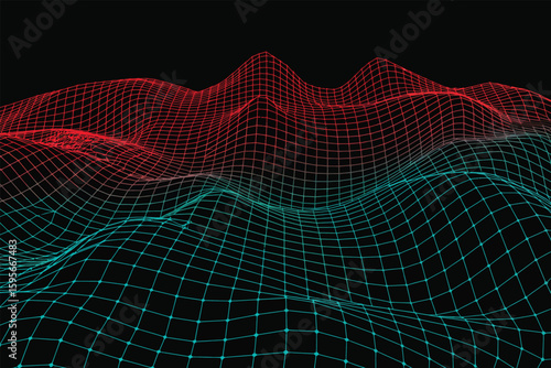A wireframe landscape with red peaks fading into green valleys against a solid black background view from afar