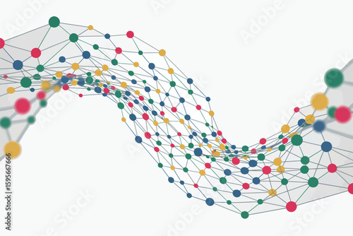 Abstract network with colorful nodes connected by lines on a white background creating a wavy pattern