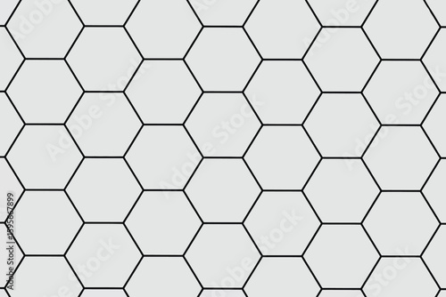 A repeating pattern of hexagons with black outlines on a light gray background creating a honeycomb effect