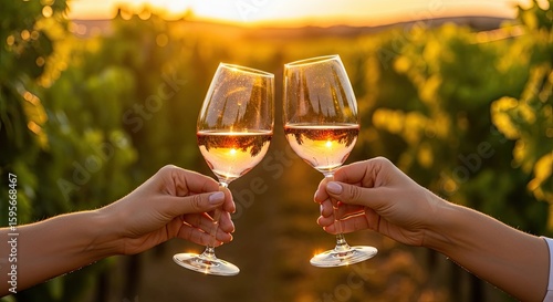 Two hands clinking glasses filled with white wine in a vineyard at sunset