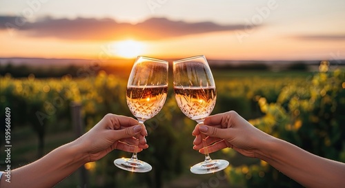 Celebratory toast with white wine glasses at sunset in a vineyard celebration cheers