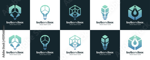 Set Collections of Light Bulb in Geometric Hexagonal Cube, Logo Design Inspirations. Abstract Vector Combined of Tech and Science.