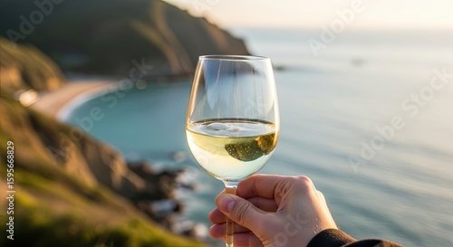 Close up of a person holding a glass of white wine overlooking a scenic coastal beach landscape at sunset creating a feeling of relaxation and celebration