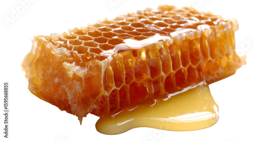 Fresh Honeycomb with Golden Honey Dripping on White Background