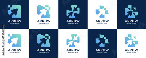 Set Collections of Silhouette Arrow and Digital Pixel Technology, Logo Design Inspirations. Unique Vector for Financial, Business, Trading, Marketing, etc.