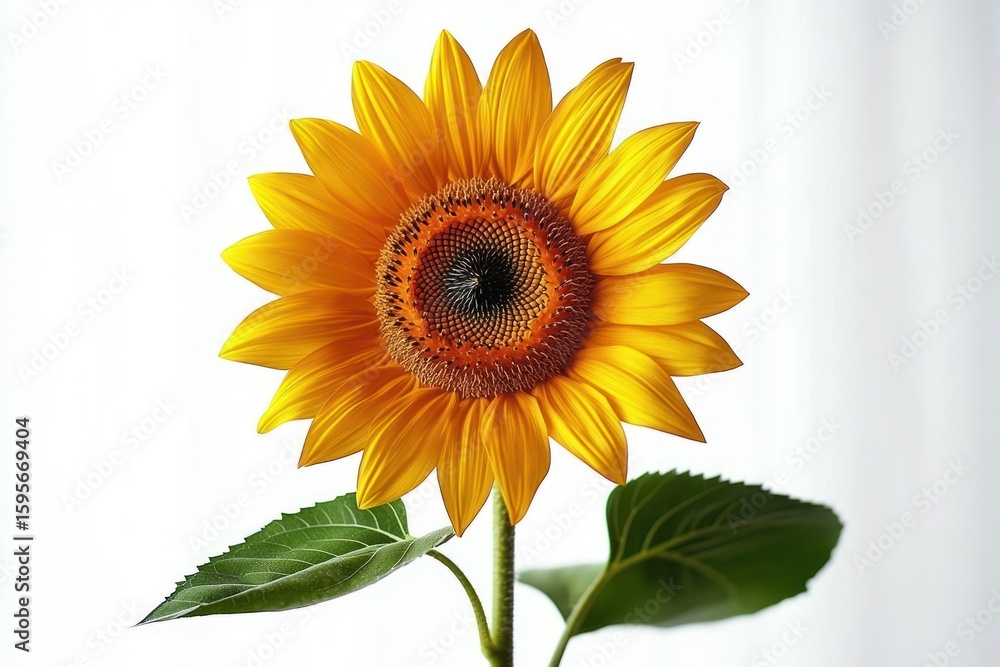 Obraz premium Bright yellow sunflower with detailed petals and green leaves against a clean white background evoking freshness and natural beauty