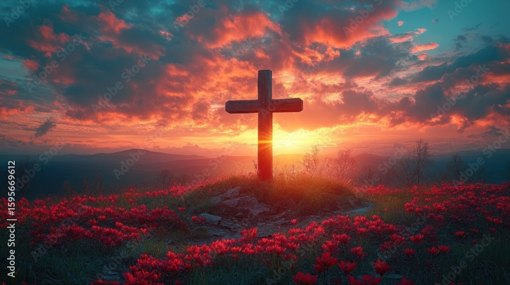 Wooden cross standing on a hill covered with vibrant red flowers at sunset with dramatic colorful clouds in the sky Wooden cross standing on a hill covered with vibrant red flowers at sunset with dramatic colorful clouds in the sky
