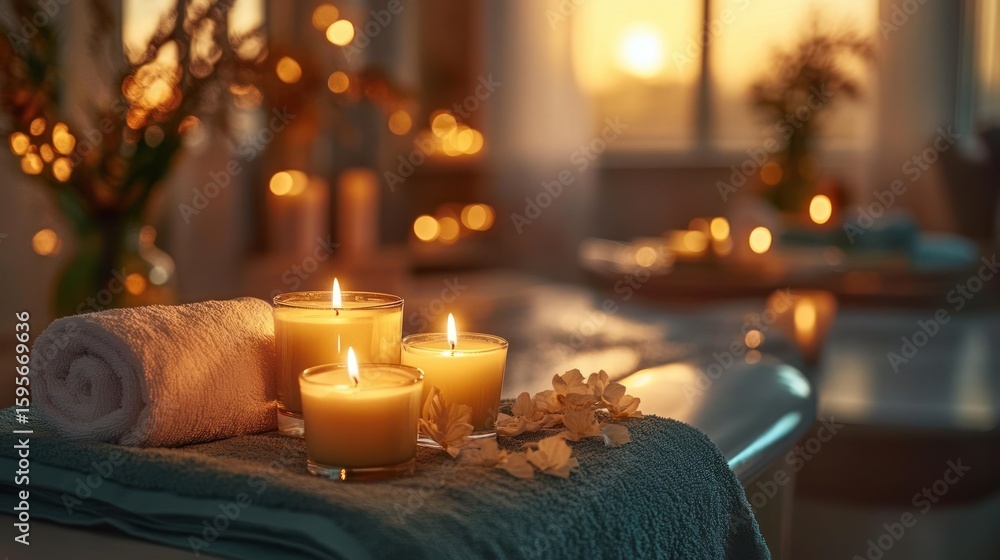 Cozy spa setting with lit candles, rolled towels, and soft flower petals creating a warm and relaxing atmosphere in a softly lit room Cozy spa setting with lit candles, rolled towels, and soft flower petals creating a warm and relaxing atmosphere in a softly lit room
