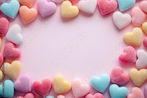 Colorful heart-shaped sugar-coated gummy candies arranged in a frame on a soft pink background conveying a sweet and cheerful mood