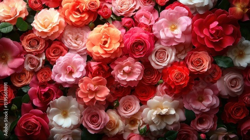 Close-up of a dense assortment of blooming roses in various shades of red, pink, coral, and white with green leaves interspersed, creating a vibrant and romantic floral display