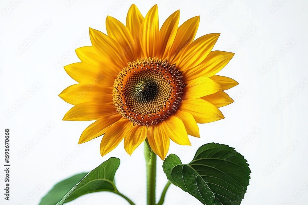 Obraz premium Bright yellow sunflower with large petals and green leaves against a white background, evoking freshness and natural beauty