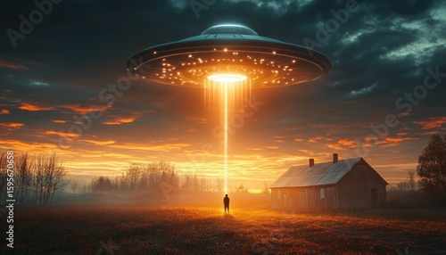 Futuristic glowing flying saucer hovering over a rural field at sunset emitting a bright beam of light onto a lone person standing near an old wooden house under dramatic cloudy sky