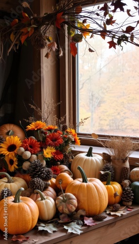 Autumn Harvest Display Pumpkins Flowers and Fall Decor