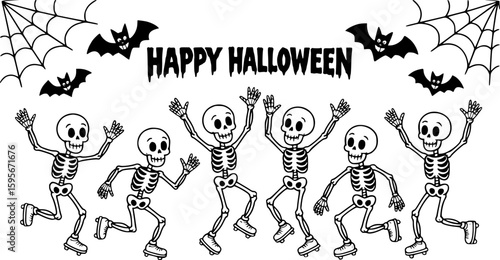 A playful black and white icons design featuring cartoon skeletons in various roller skating poses.