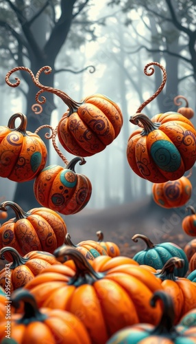 Whimsical Floating Pumpkins in a Misty Forest