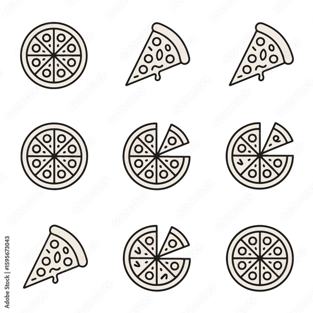 Naklejka premium Collection of pizza slices and whole pizzas in outline style isolated on white background