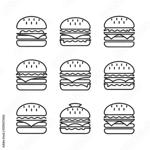 Collection of nine line art hamburger icons isolated on white background