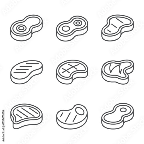 Collection of hand drawn steak icons isolated on white background