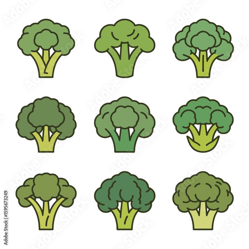 Collection of nine green broccoli florets isolated on white background