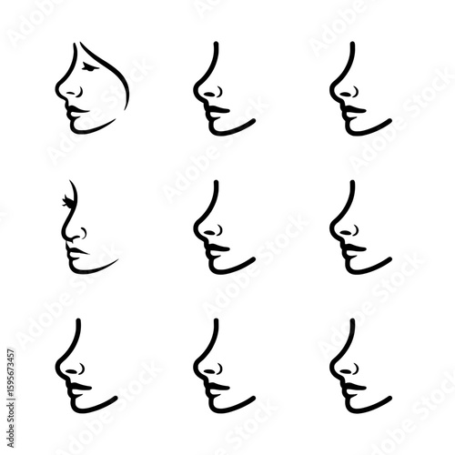 Collection of nose profiles in line art isolated on white background