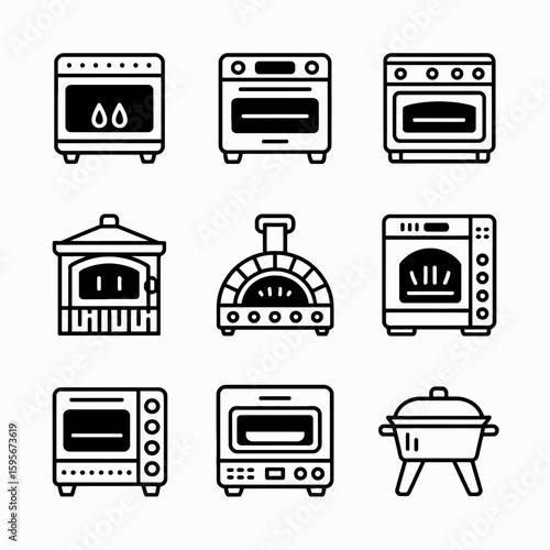 Collection of kitchen oven and stove icons isolated on white background