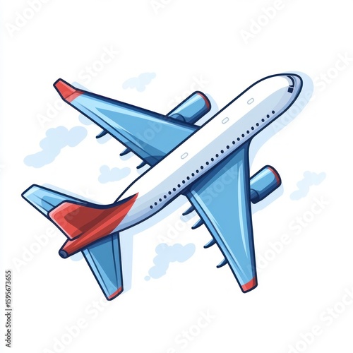 illustration of a commercial airplane flying through a partly cloudy sky showing detailed wings and engines with red accents on the tail and wingtips
