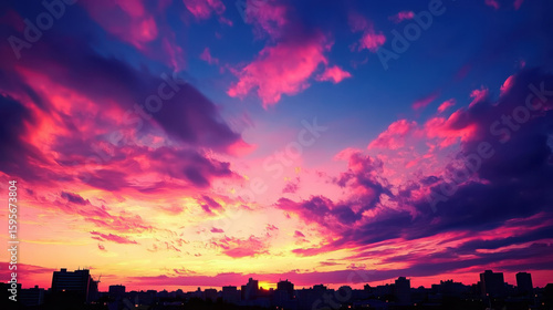 Vivid Sunset Over City Skyline with Colorful Clouds and Silhouettes