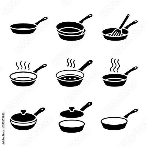 Collection of frying pans and skillets isolated on white background