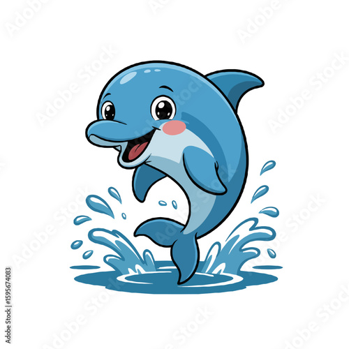 Happy cartoon dolphin jumping out of water isolated on white background