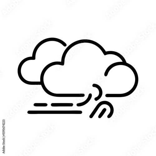 An illustrative black and white depiction of weather conditions, featuring fluffy cumulus clouds and indications of wind. Perfect for design resources related to weather phenomena.