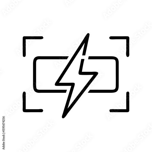 A sleek, minimalist icon represents a camera capturing a lightning bolt, symbolizing the instantaneous capture of energy, creativity, and power. 