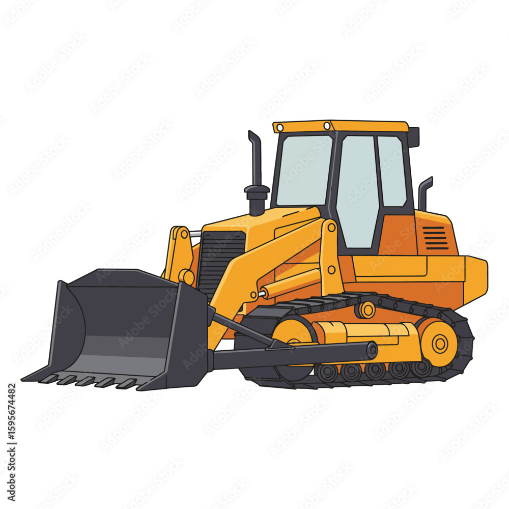 Fototapeta premium A yellow bulldozer with a large black blade is shown in a simple, cartoonish illustration, ideal for construction or engineering projects needing a friendly, approachable visual.